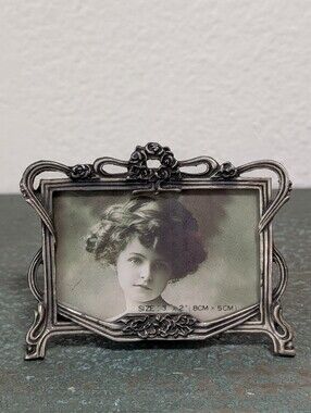 VTG Art Nouveau Style Pewter Ornate Roses Mini Picture Photo Frame Fits ~3" x 2"